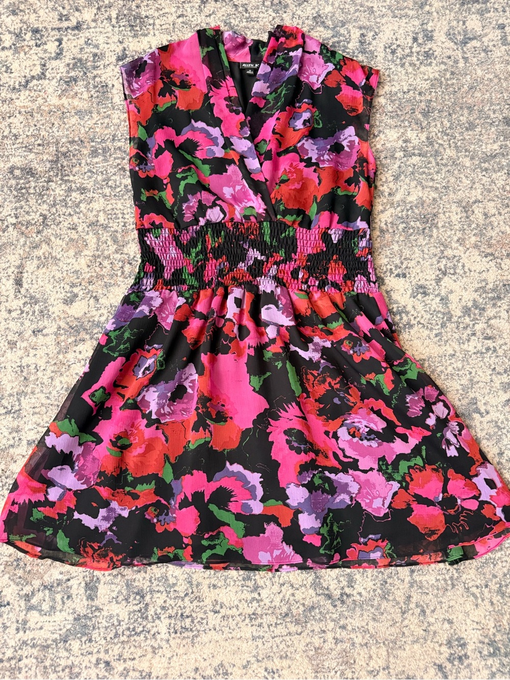 Allen B. by Allen Schwartz Black Floral Chiffon Sundress V-Neck Smocked 12